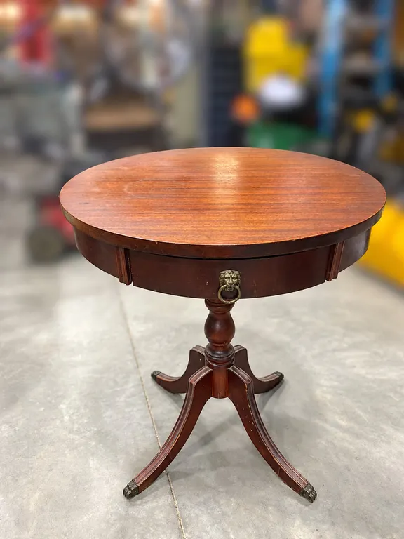 Vintage Mahogany Duncan Phyfe Style Drum Table – Lion Head Ring Pull