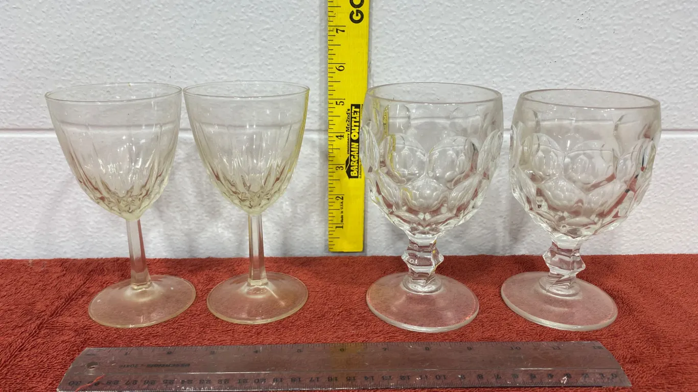 4 Vintage Clear Glass Stemmed Goblets – 2 Fruit Pattern & 2 Cut Design