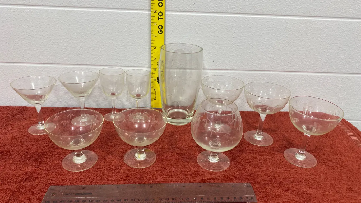 11-Piece Assorted Vintage Etched Clear Glass Stemware & Barware