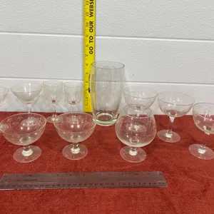 11-Piece Assorted Vintage Etched Clear Glass Stemware & Barware