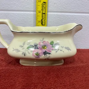 Vintage W.S. George Lido Canarytone Gravy Boat – Pink Floral & Metallic Trim