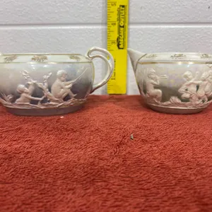 Vintage Iridescent Porcelain Creamer & Sugar Bowl – Raised Cherubs & Gold Trim