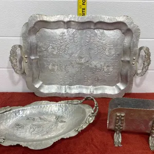 3-Piece Vintage Hammered Aluminum Floral Serving Set – Trays & Napkin Holder