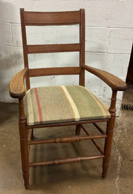 Vintage Wooden Ladder-Back Armchair With Striped Upholstered Seat