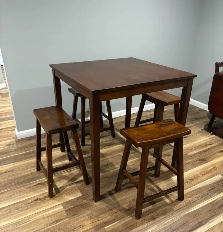 Wood Dining Table with Four Matching Stools