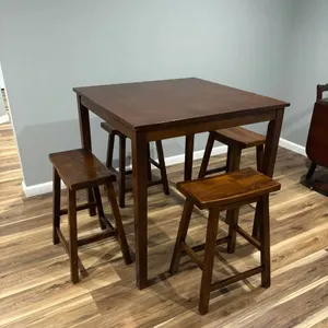 Wood Dining Table with Four Matching Stools