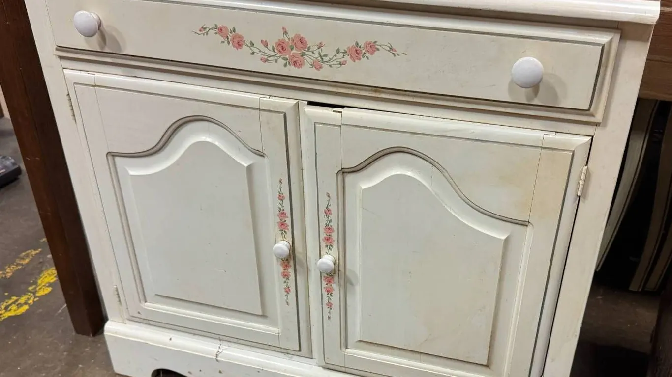 Painted Wooden Cabinet With Floral Accents and Two Doors