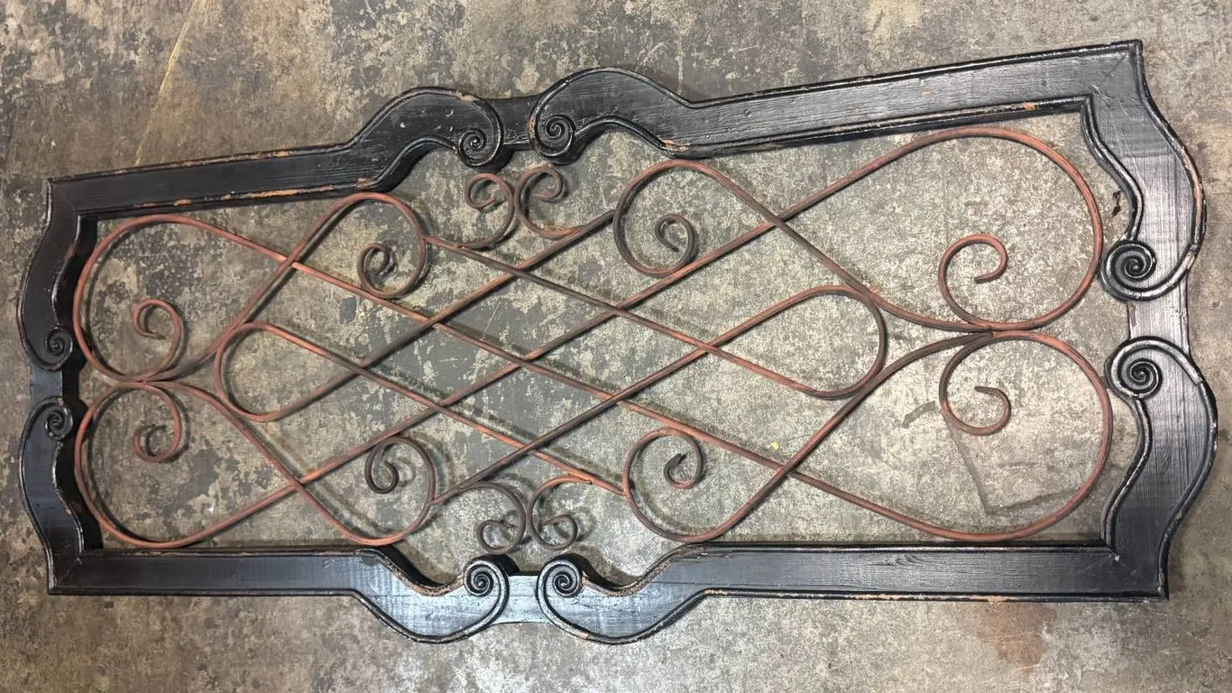 Modern Decorative Wrought Iron Panel With Curved Wooden Frame