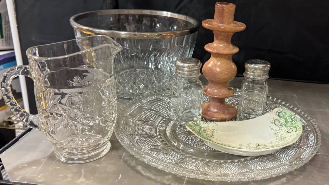 Vintage Glass Tableware Pieces with Bowl, Pitcher, and Accessories
