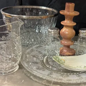 Vintage Glass Tableware Pieces with Bowl, Pitcher, and Accessories