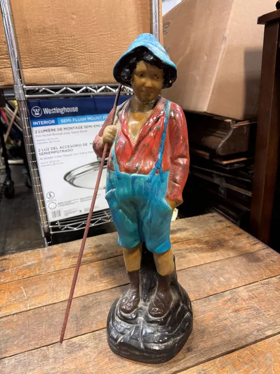 Vintage Painted Lamp Base of Boy with Stick and Overalls
