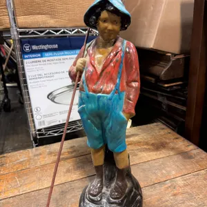 Vintage Painted Lamp Base of Boy with Stick and Overalls