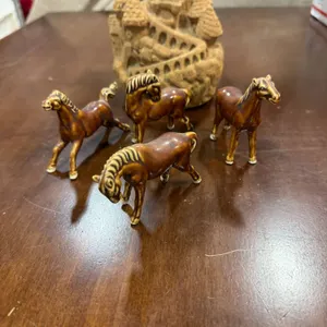 Vintage Ceramic Miniature Horses and Sandstone Castle Figurine