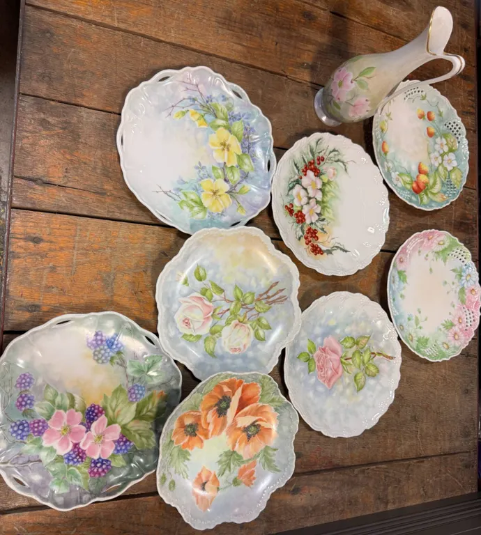 Early 1900's Hand-Painted Decorative Plates and Vase with Floral Motifs