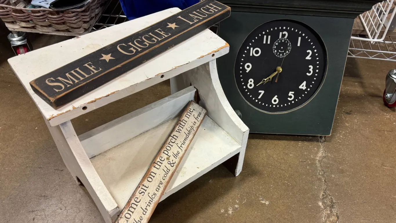 Decorative Wooden Step Stool, Sign Boards, and Clock Set