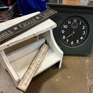 Decorative Wooden Step Stool, Sign Boards, and Clock Set