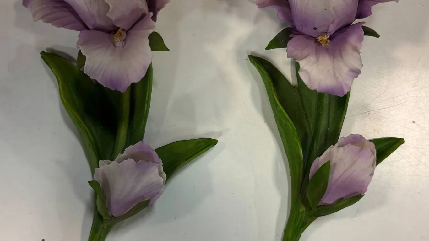 Vintage Delicate Porcelain Purple Flower Sculptures with Green Stems