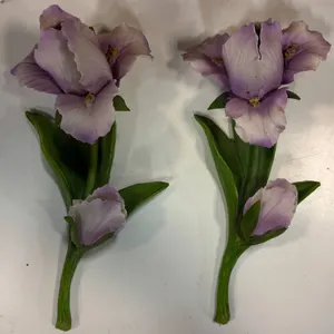 Vintage Delicate Porcelain Purple Flower Sculptures with Green Stems