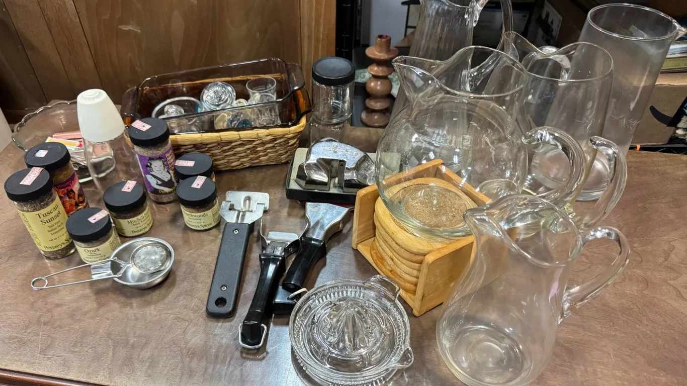 Kitchenware Collection Including Glass Pitchers, Spices, and Tools