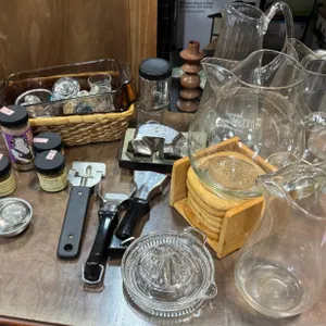 Kitchenware Collection Including Glass Pitchers, Spices, and Tools