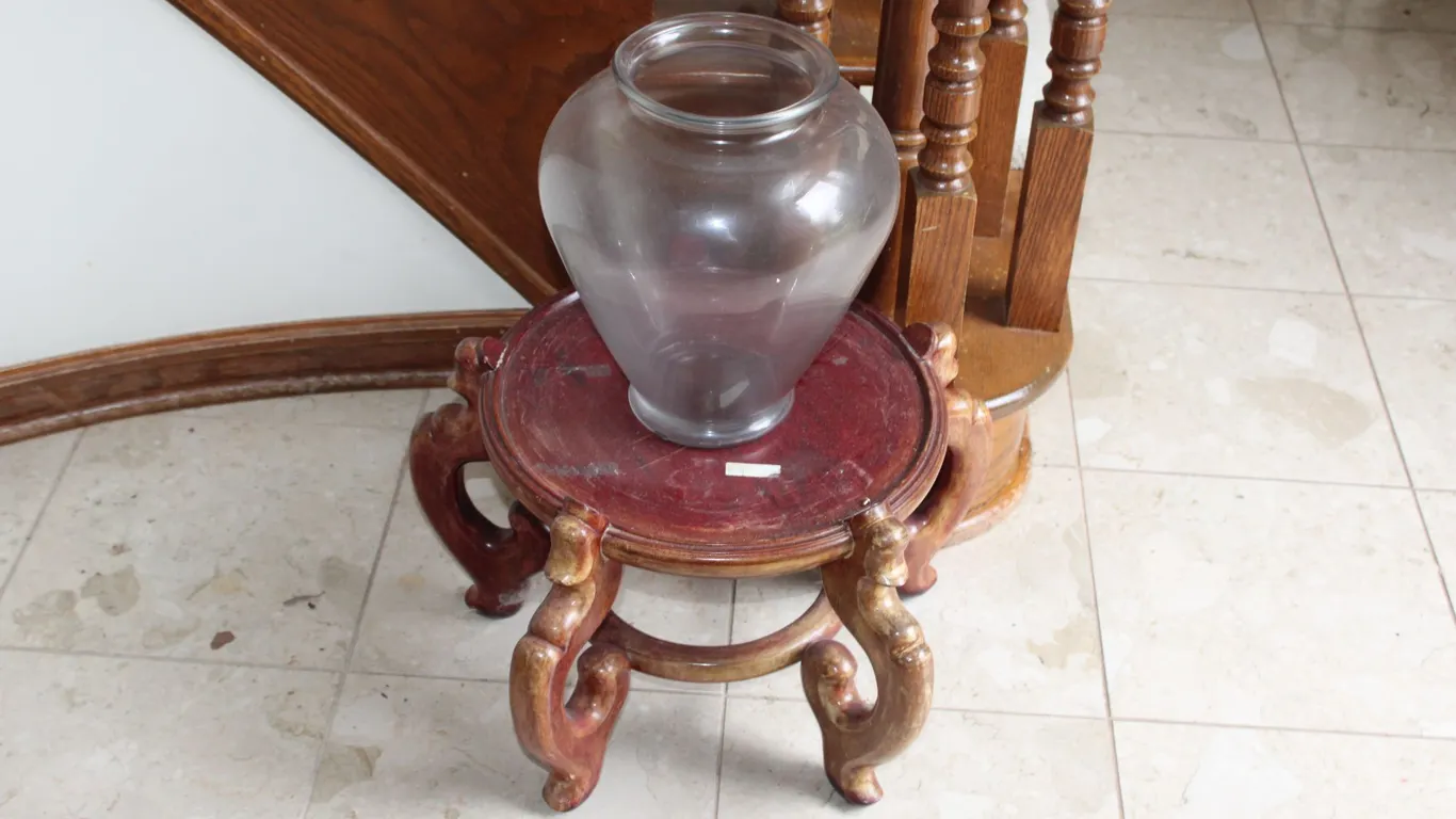 Carved Wood Plant Stand & Glass Vase