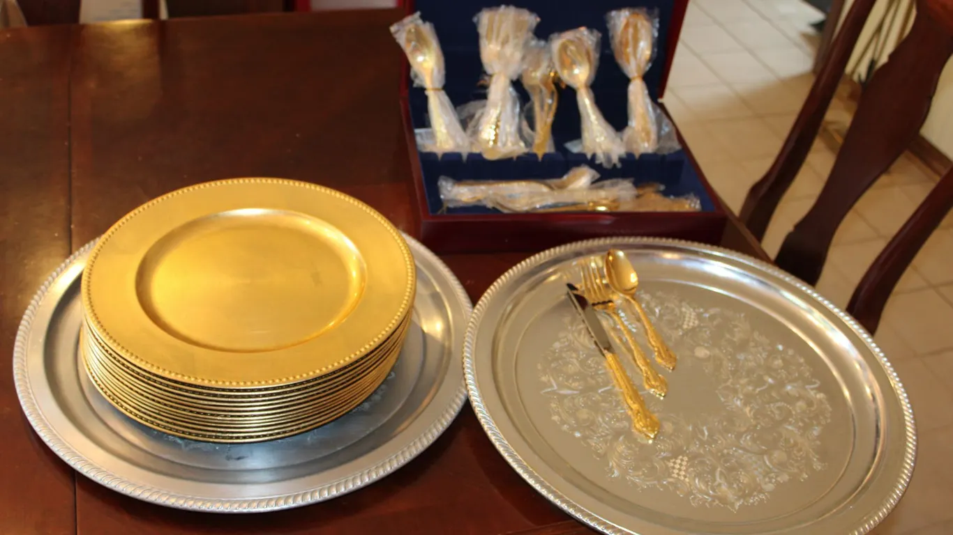 Gold Charger Plates, Flatware Set & Platters