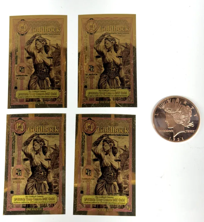 Idaho 1/4 Goldbacks and 1921 Peace Dollar Commemorative Coin