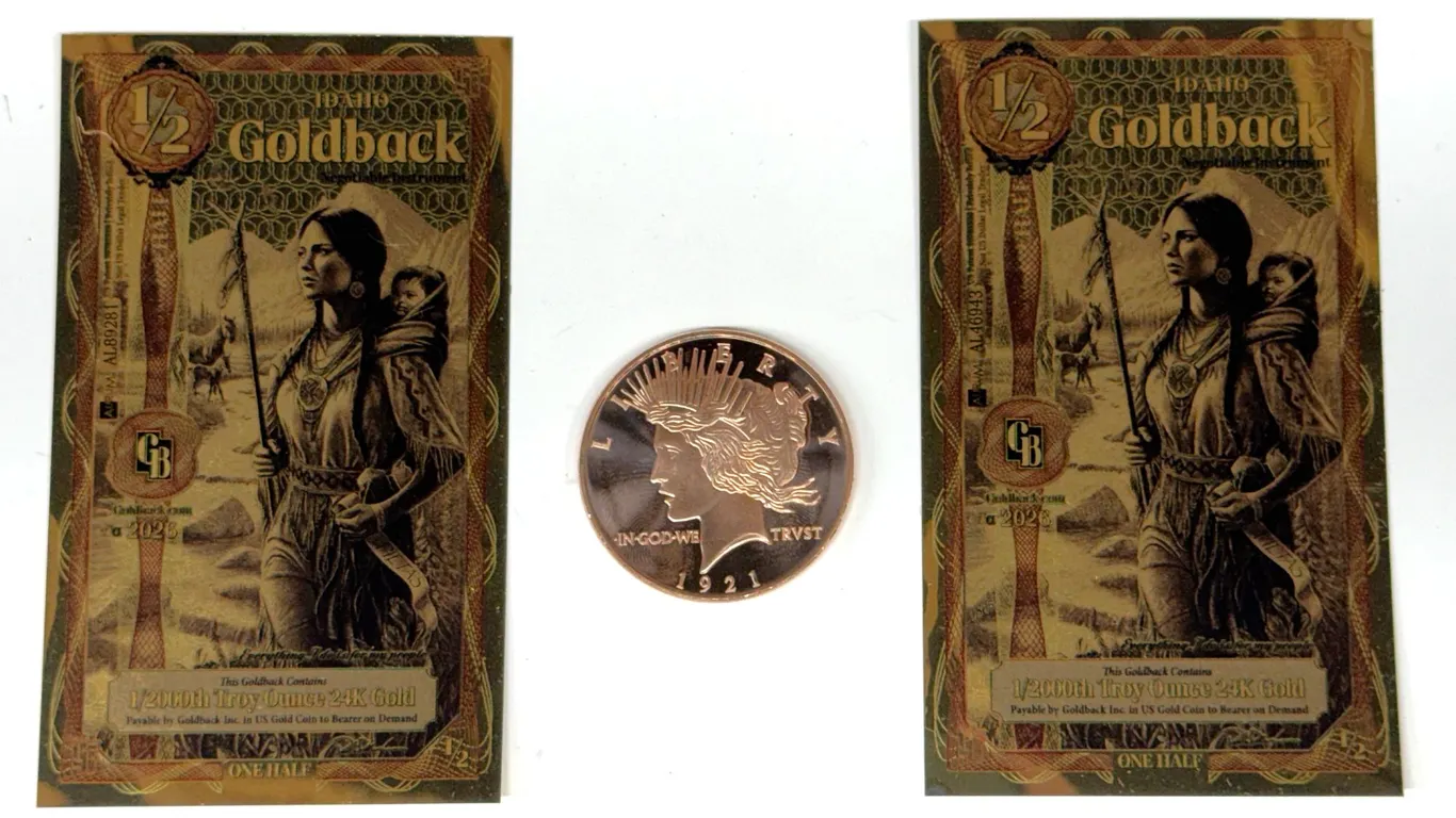2023 Idaho Goldback Notes and 1921 Peace Dollar Token Coin