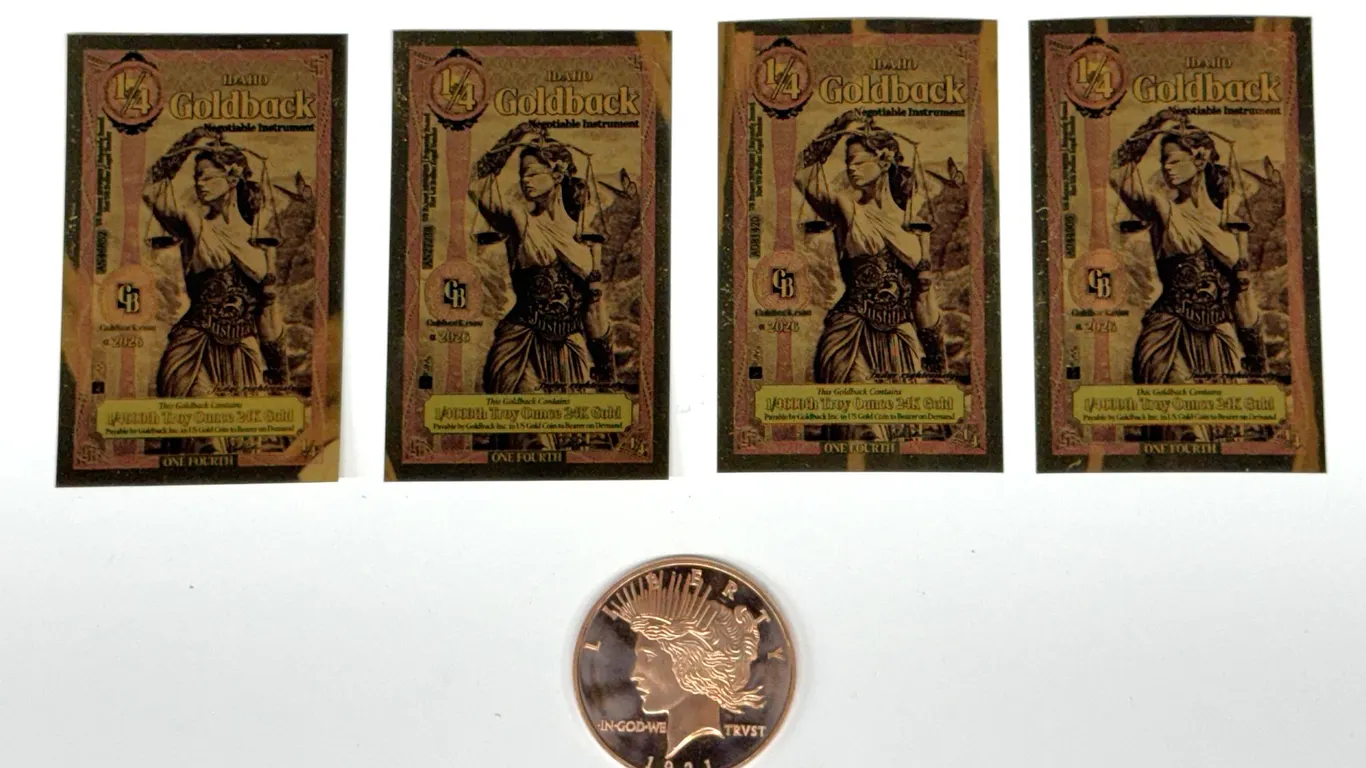 Idaho 1/4 Goldback Notes and 1921 Peace Dollar Token