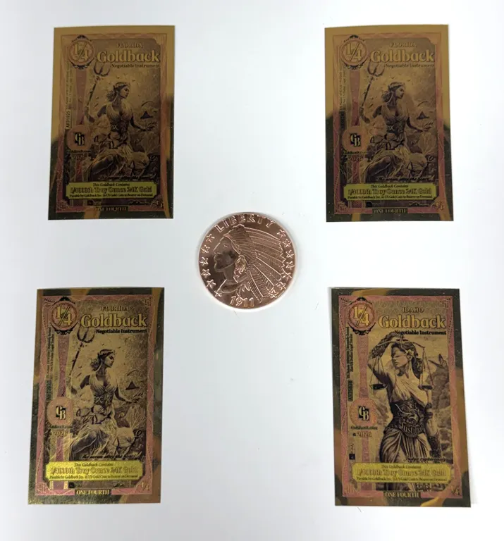 4 Florida Goldback 1/4 Notes and 1 Copper Round