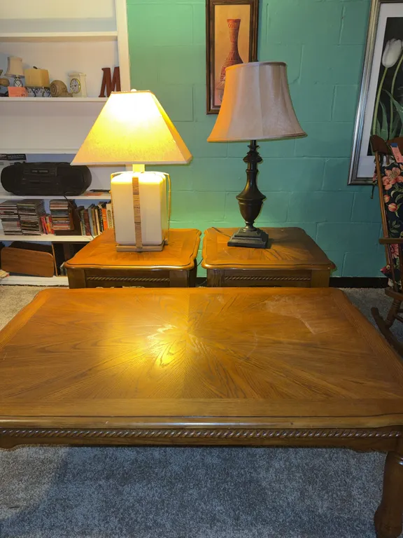 Wood Coffee Table & Pair of End Tables with Lamps