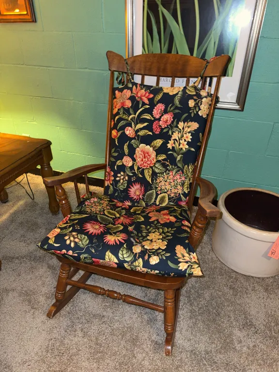Vintage Wood Rocking Chair with Floral Cushions