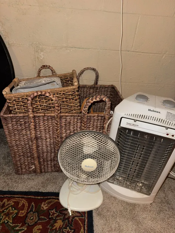 Woven Storage Baskets, Holmes Fan & Tower Quartz Heater