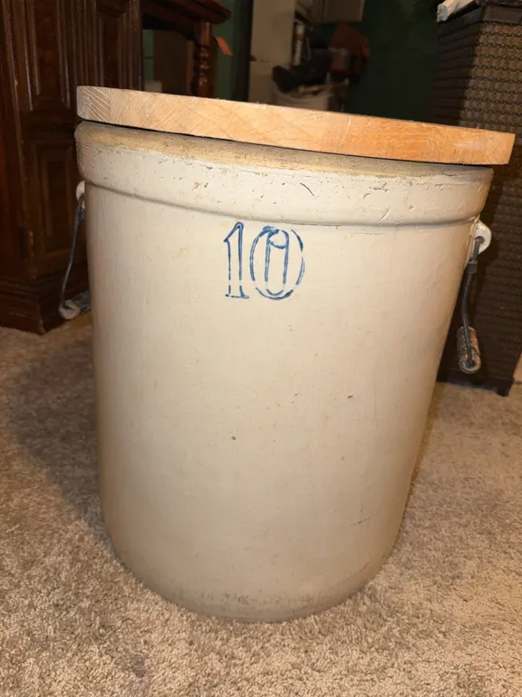 Vintage 10-Gallon Stoneware Crock with Wood Lid