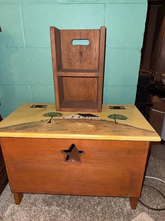 Primitive Hand-Painted Wood Storage Chest & Wall Shelf