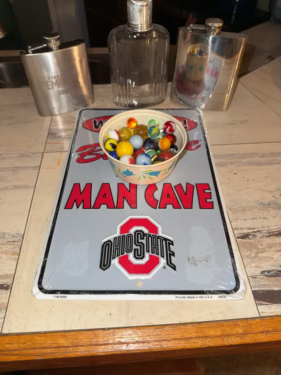 Ohio State Man Cave Sign, Hip Flasks & Vintage Marbles