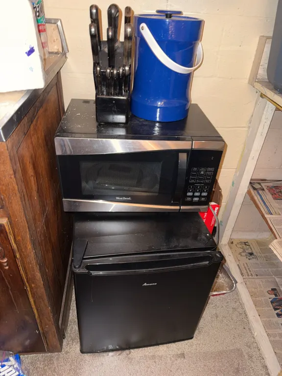 West Bend Microwave, Amana Mini Refrigerator & Kitchen Accessories