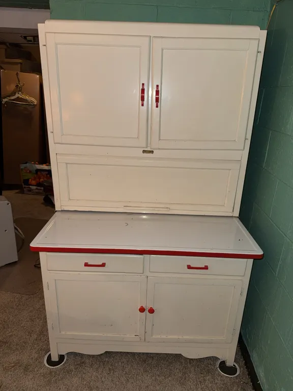 Vintage White & Red Hoosier-Style Seller's Kitchen Cabinet