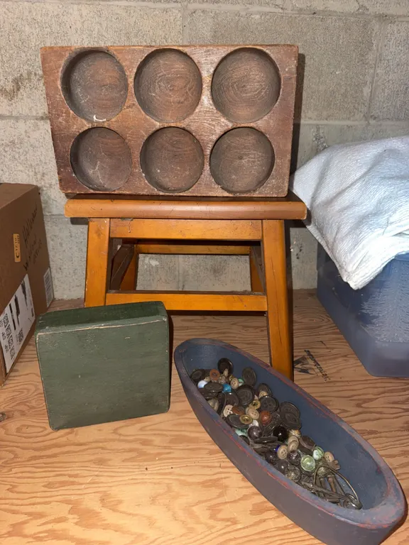 Primitive Woodenware, Button Collection & Stool
