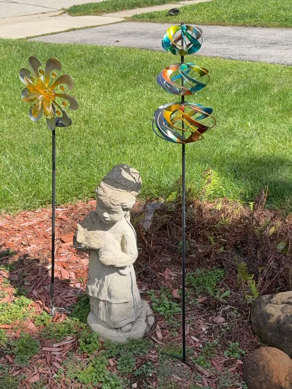 Garden Wind Spinners & Girl with Cat Statue