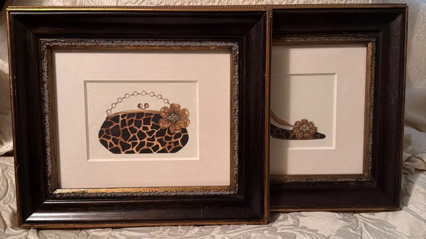 Giraffe Print High Heel & Handbag Fashion Art – Framed Pair