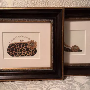 Giraffe Print High Heel & Handbag Fashion Art – Framed Pair