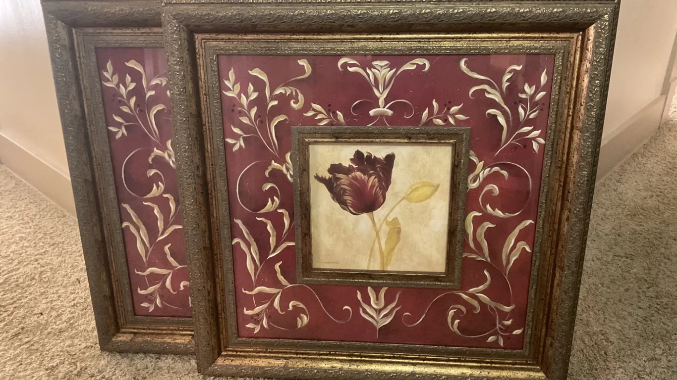 Laurel Lehman “Vine Tulip” & “Vine Iris” Ornate Framed Floral Art