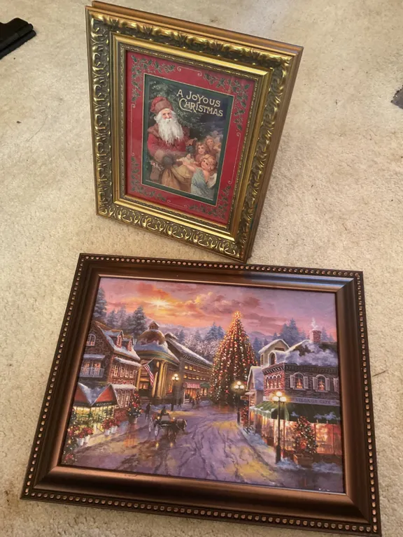 Nicky Boehme “Christmas Eve” & Vintage “A Joyous Christmas” Framed Holiday Art