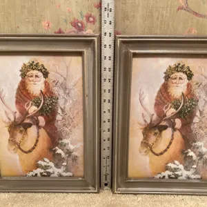2 Melrose International Old World Santa & Reindeer Framed Christmas Art