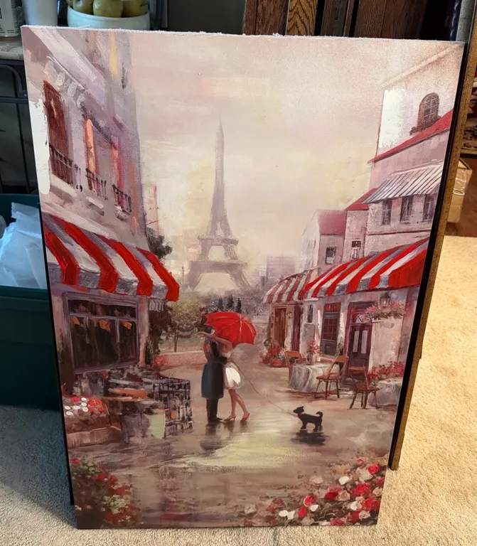 Romantic Paris Eiffel Tower Street Scene with Red Umbrella