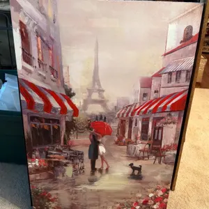 Romantic Paris Eiffel Tower Street Scene with Red Umbrella