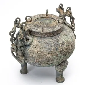 CHINESE ARCHAISTIC BRONZE CHAIN-HANDLE TRIPOD DING