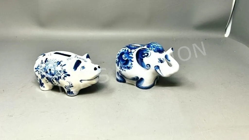 2 - ceramic hand painted coin banks ,