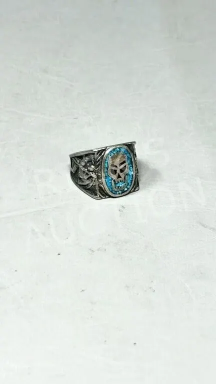 Gothic and Southwestern Skull turquoise ring c1985